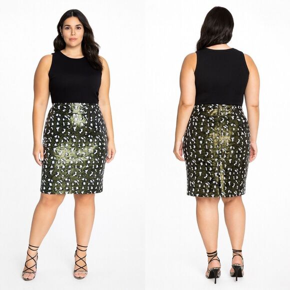 Eloquii Sequin Abstract Cheetah Print Pencil Skirt n Olive Green Size 18 - Picture 12 of 12